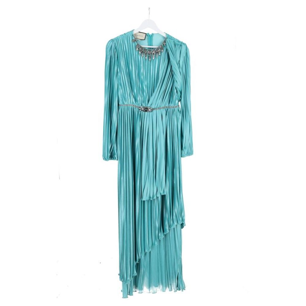 Gucci Crystal-Embellished Draped Pleated Dress In Blue Silk